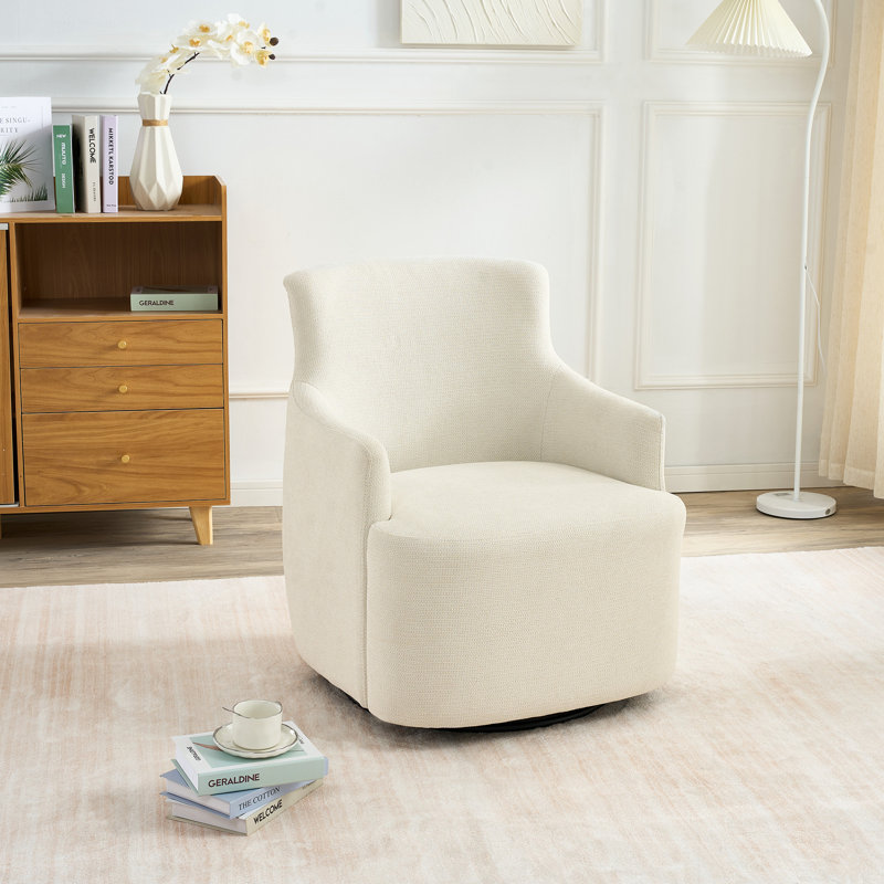Small Swivel Chair, Boucle Upholstered Fabric Barrel Chair, Beige Chenille