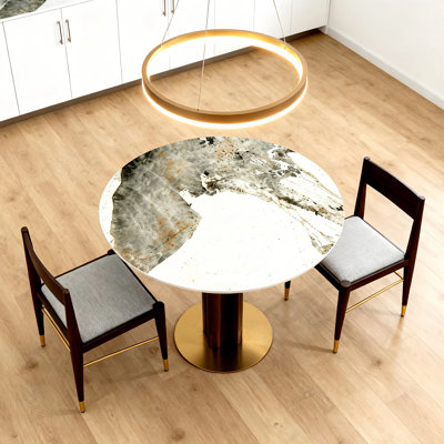 33.5" Modern Small Dining Table with Boomerang Shaped Solid Rubberwood Base, Sintered Stone Top, Round Styles, Apartment, Kitchen Nook & Café Table for 2-4 People  