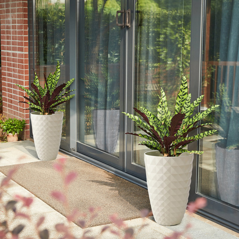 Set of 2 White Faux Ceramic Tall Floor Planters