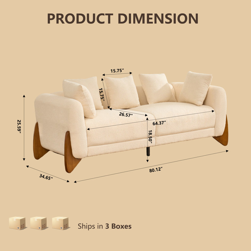 Canapé Cloud en bouclette de style moderne du milieu du siècle, 203 cm (80 po), canapé 3 places rembourré à assise profonde, coussins assortis, pour chambre, bureau, appartement, blanc