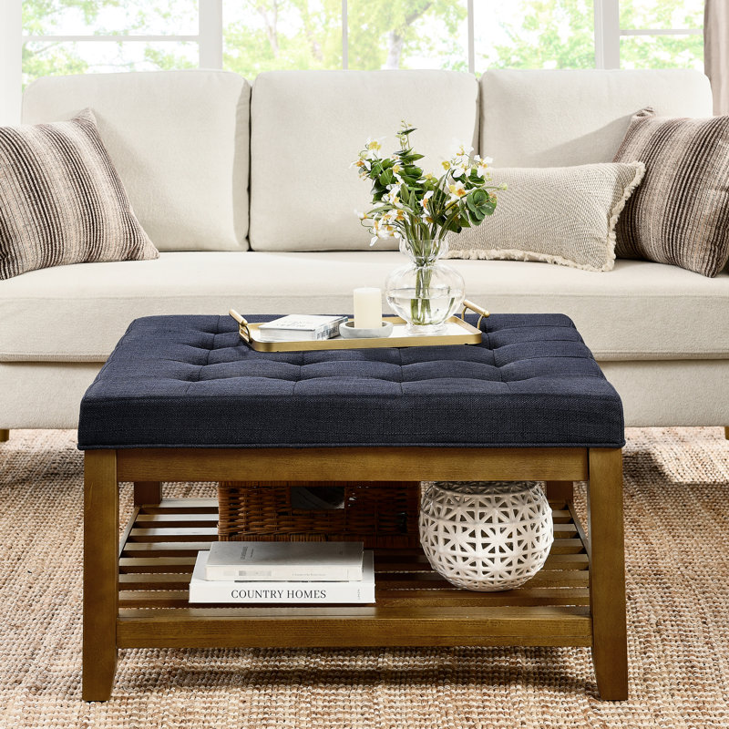 Grande table basse avec repose-pieds capitonné en lin et structure en bois de hêtre, repose-pieds surdimensionné pour le salon
