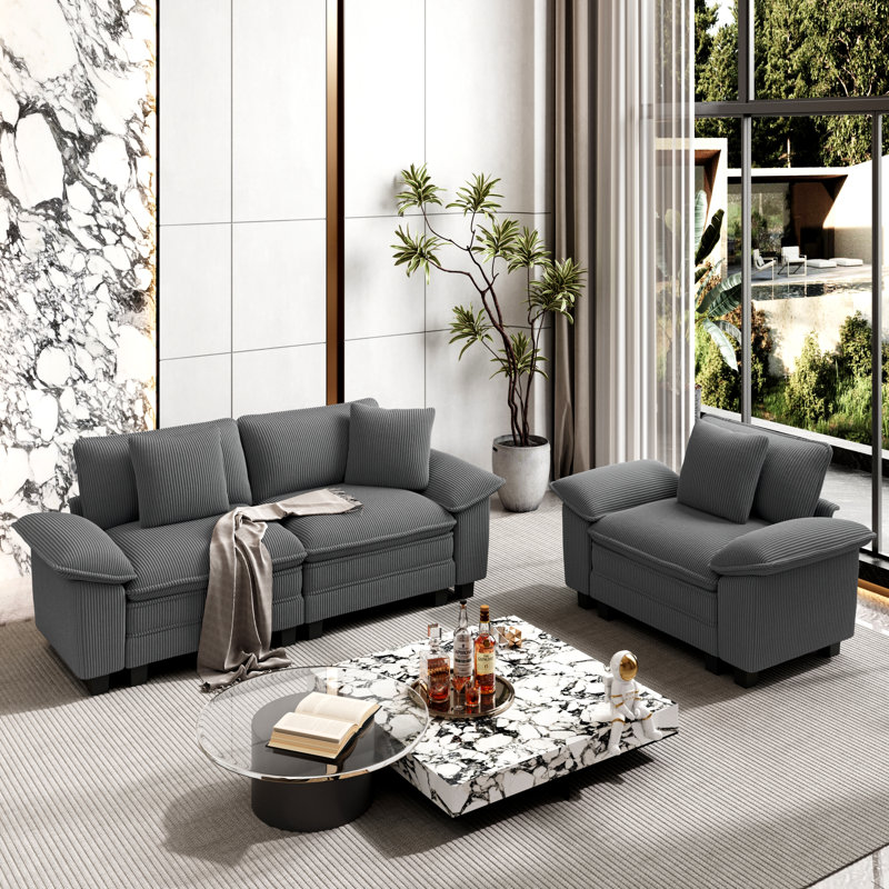 Living Room Set, Light Grey Corduroy