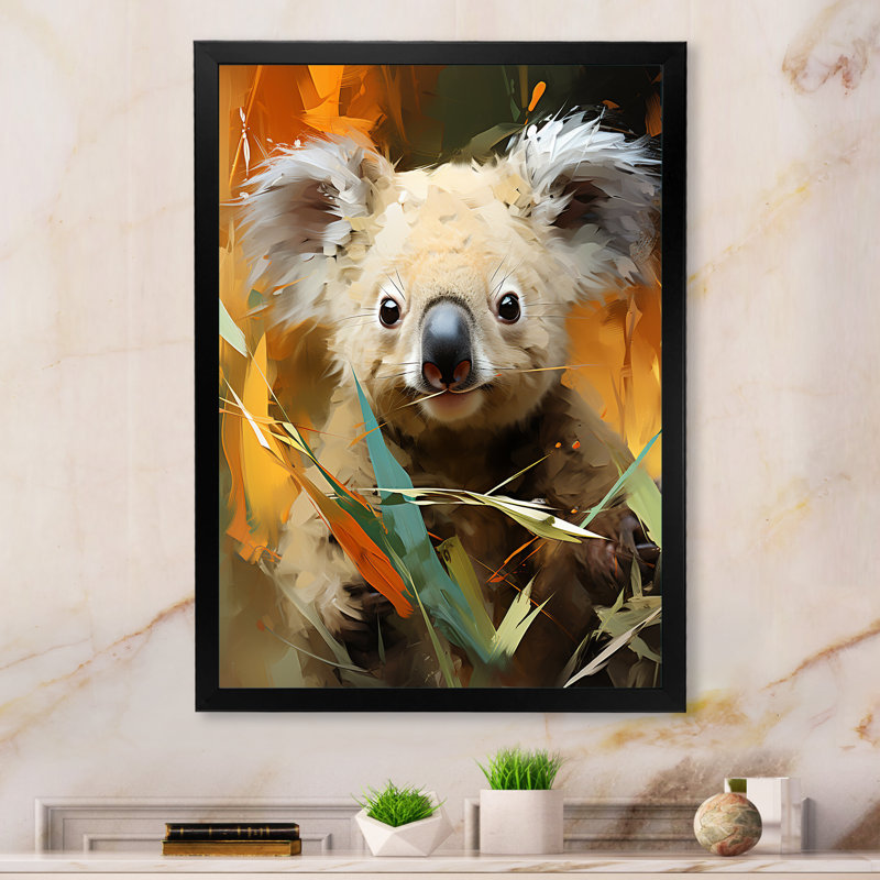 Koala Bush Retreat 1 - Koala Animal, art mural, Cadre simple noir, H 32 po x l 16 po x P 1 po