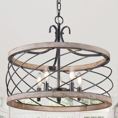 Lustre en forme de tambour de 24 po avec accents en bois massif et en métal, 4 lumières suspendues avec chaîne de suspension réglable