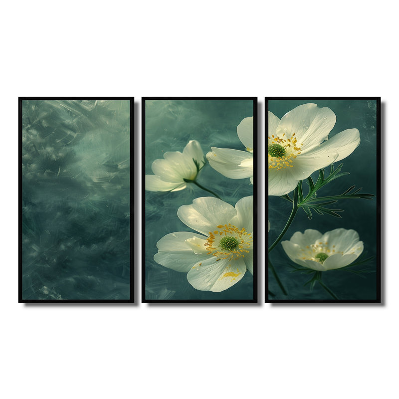 «White Green Buttercups Reflection» 3 pièces, H 28 po x l 36 po, Cadre flottant noir