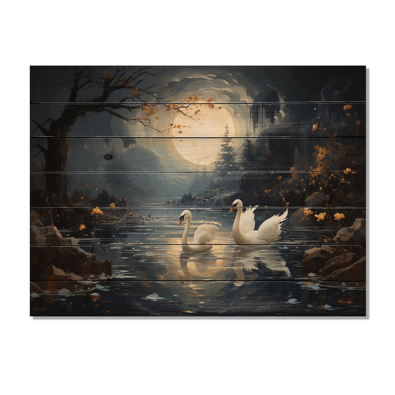 White Swans Harmony Moonlight Pond II - cygne sur bois, H 30 po x l 40 po x P 0,78 po