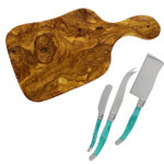 French Home 13-inch Olive Wood Cheese Board and 3-Piece Laguiole Cheese Knife Set with Faux Turquoise Handles