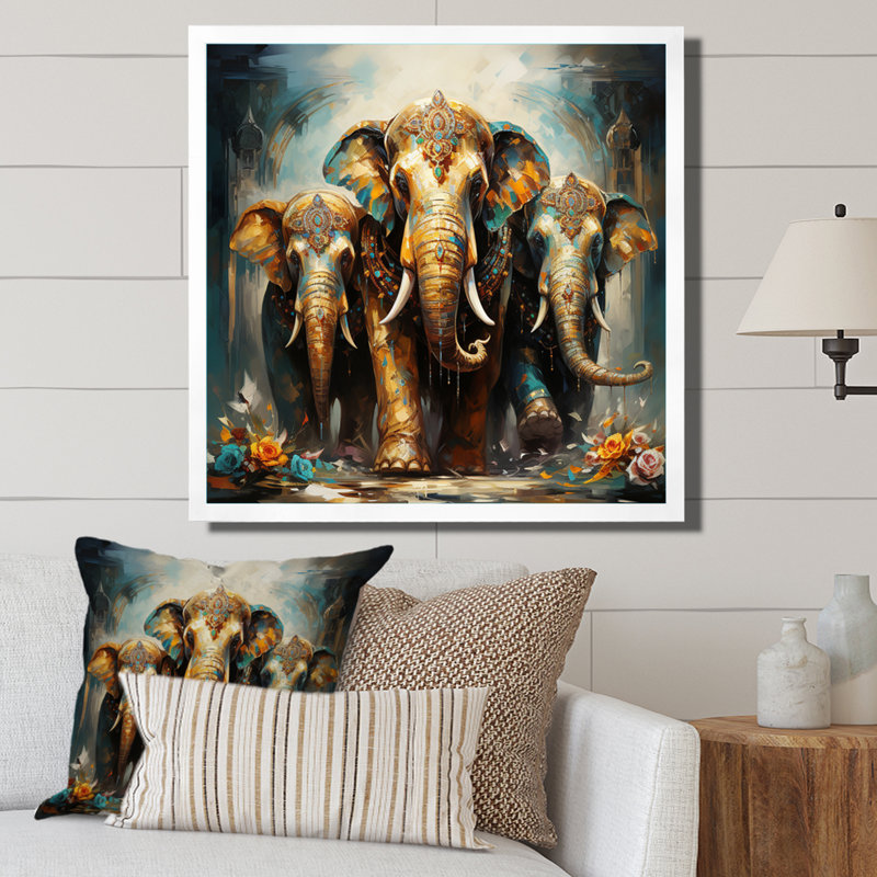Art asiatique, éléphants thaïlandais X - Art mural asiatique, H 30 po x l 30 po x P 1 po, Cadre simple blanc