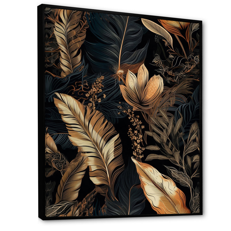 Feuille d'or tropicale sérénade II - impression, H 20 po x l 12 po x P 1 po, Cadre flottant noir
