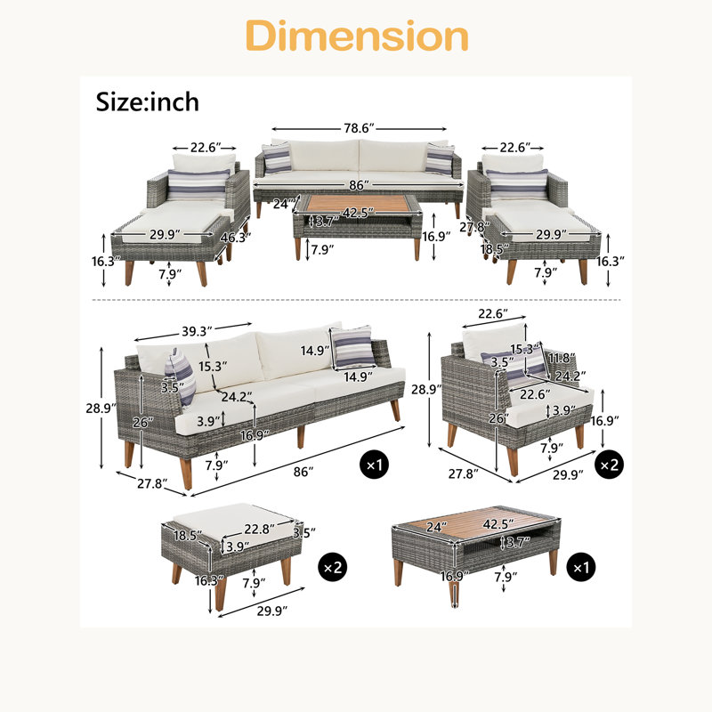 Ensemble de 6 canapés en osier 6 pièces, canapé d'extérieur en rotin avec coussins doubles, Gris