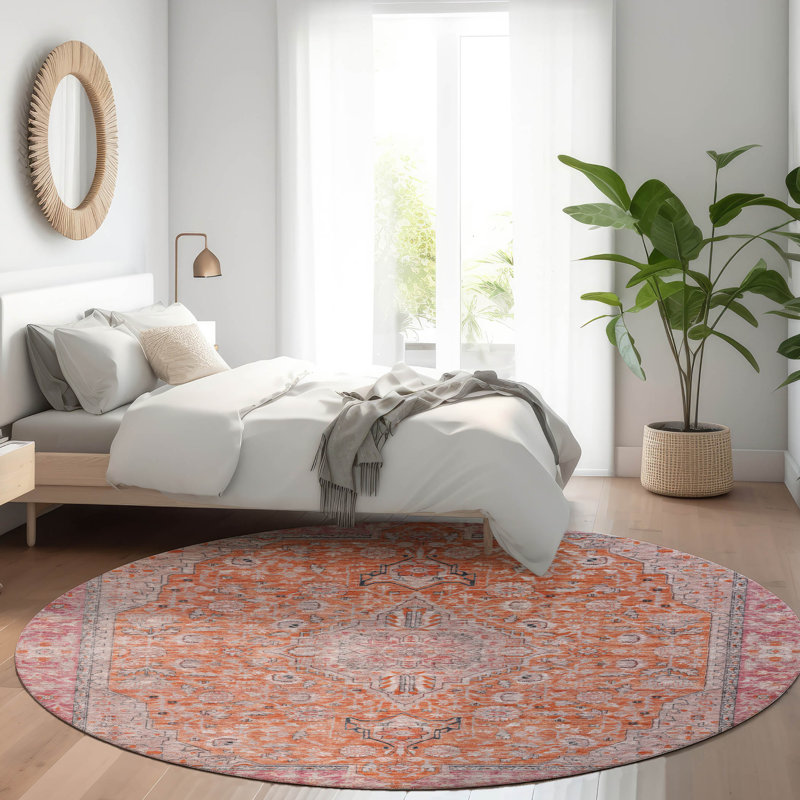 Machine Washable Indoor/Outdoor Claudian ACN1651 Orange Rug, Round 8'