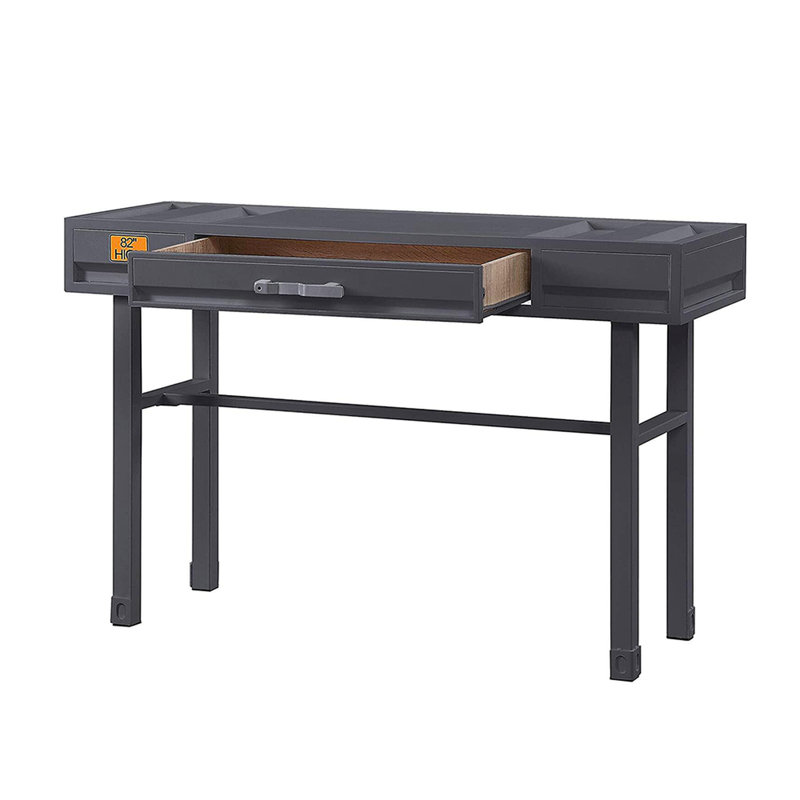 One Drawer Gunmetal Metal Vanity Desk, Iron Plate Surface, Frame, Recessed Panels, Side Glide With 3/4 Ext., Manual Close, Stop, 39"l X 16"w 25"h Knee Space Desk Featuring Drawer, Straight Legs,