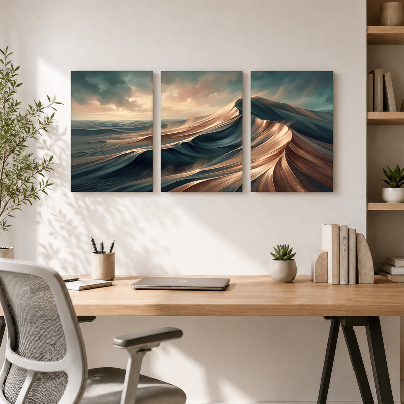Abstrait paysage de dunes de sable en bleu sarcelle et or, ensemble de 3 toiles, H 18 po x l 12 po x 3 pièces