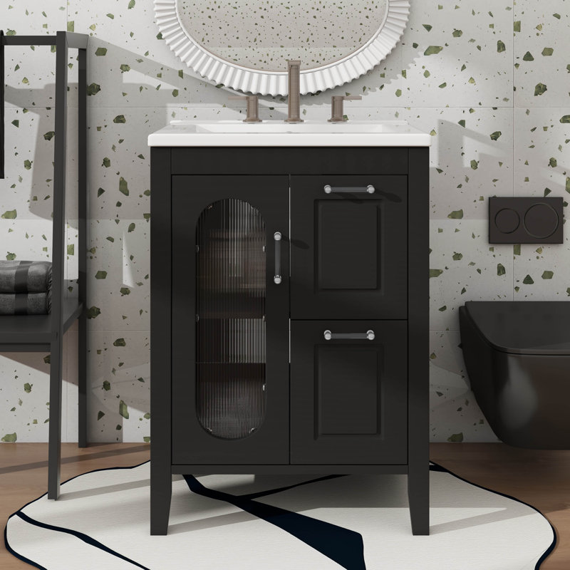 24 Inch Bathroom Vanity Cabinet With Twin Drawers And Door Plus Flexible Shelf, Black