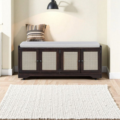 47.4 Inch Rustic Entryway Storage Bench With Woven Rattan Doors, Adjustable Shelves & Removable Cushion