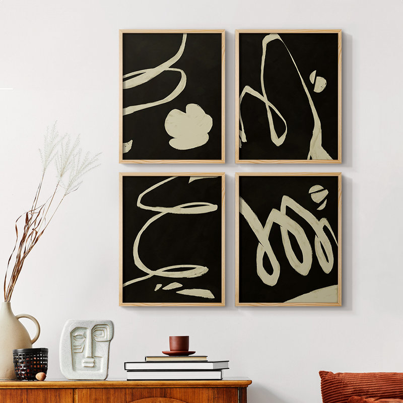 Indigo Bloom Pattern II Framed Print - Set of 4, 10" H x 32" W, Black