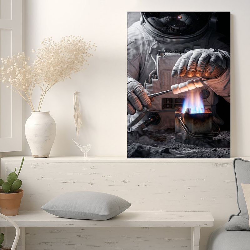 Art mural, astronaute, torréfaction de guimauves sur une flamme bleue, H 40 po x l 28 po