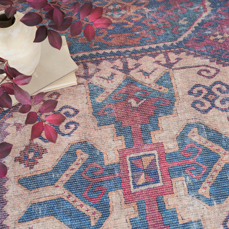 Vintage-Inspired Muted Red Medallion 4' x 6' Washable Rug