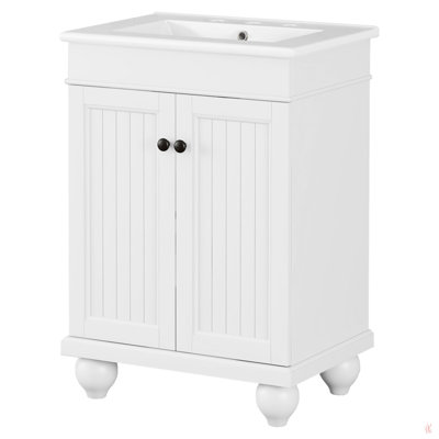 Lavabo de salle de bain moderne élégant en céramique 24 po avec cadre en bois massif, tablette réglable 24 po