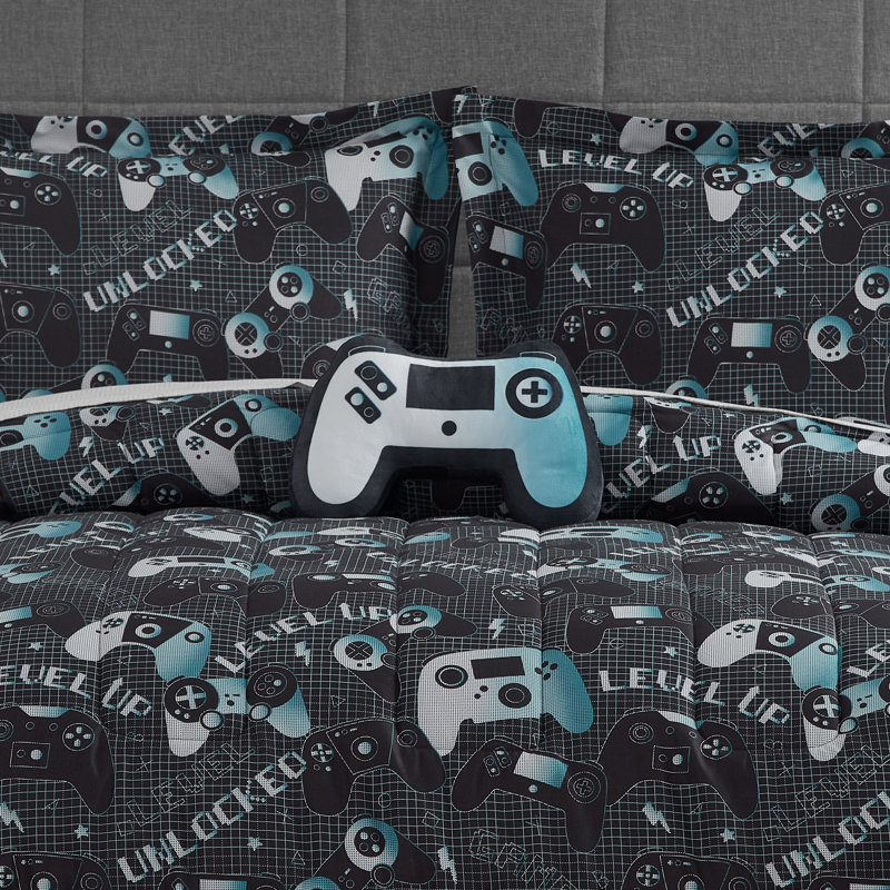 Full Gray and Aqua Microfiber Reversible Kids Comforter Set