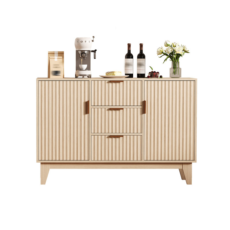 47.2 in Large Coffee Bar Kitchen Sideboard Cupboard Fluted Buffet Storage Cabinet with 3 Drawers 2 Doors for Living Room Entryway, Oak