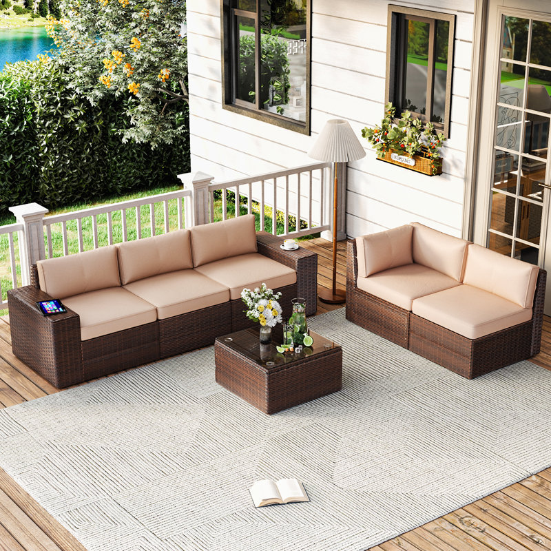 Ensemble de conversation en osier pour 6 personnes avec coussins, Beige