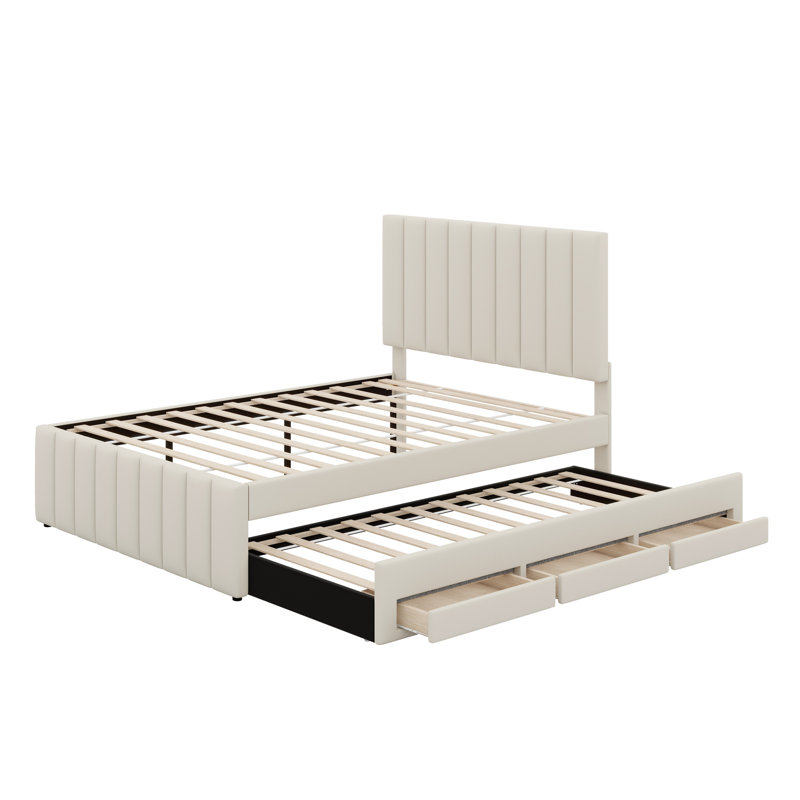 Lit plateforme tapissier avec lit gigogne et 3 tiroirs, Beige