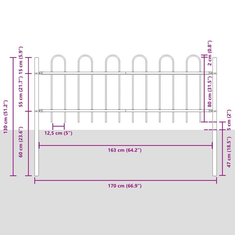 Clôture de jardin vidaXL 8 pièces, gris, 44,62 po x 2,62 pi, acier thermolaqué