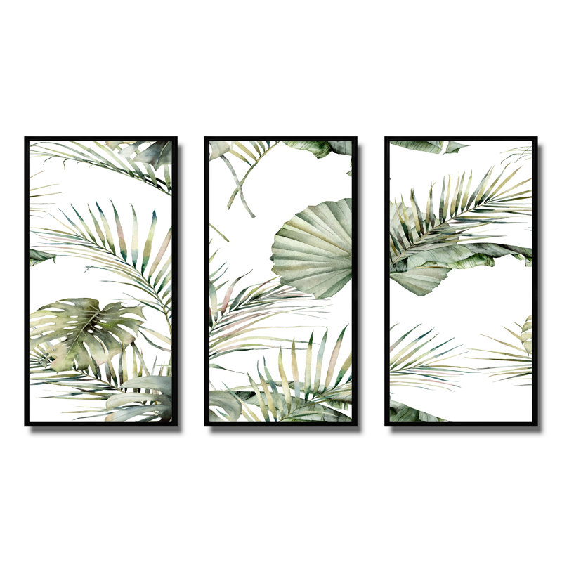 Motif tropical de S avec feuilles de noix de coco et Monstera - 3 pièces, impression sur toile, Noir, noir, noir, noir