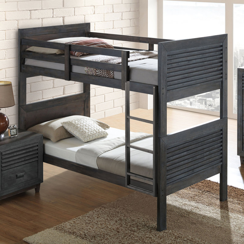 Lit simple superposé au-dessus de style transitionnel avec bois franc massif brun anthracite réversible, conception à lattes, tête de lit à panneaux, joint, ornement de chambre à coucher en bois franc brun et agencement d'insert