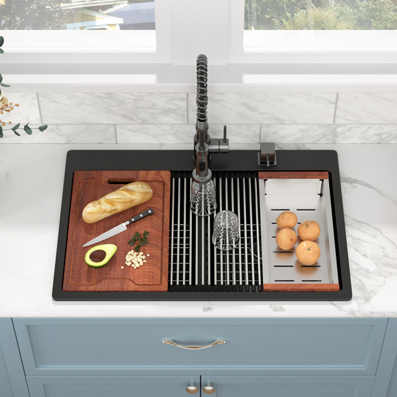 Quartz 33" L x 22" W Grantie Composite Drop-In Kitchen Sink 50/50 Double Bowl Workstation Sink with Accessories, Black