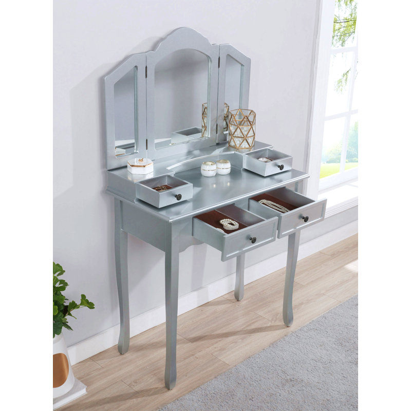Wooden Vanity Make Up Table And Stool Set For Bedroom, Silver