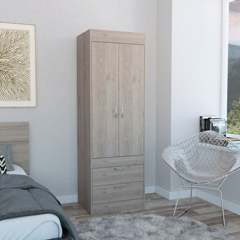Armoire autoportante à 2 portes gris clair avec amplement d'espace de rangement pour la chambre à coucher, Brun