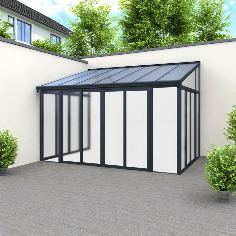 Ensemble d'enceinte de patio 10 pi x 14 pi - cadre en aluminium, toit en polycarbonate double couche, portes coulissantes, conception résistante aux intempéries, protection contre les rayons UV et le vent