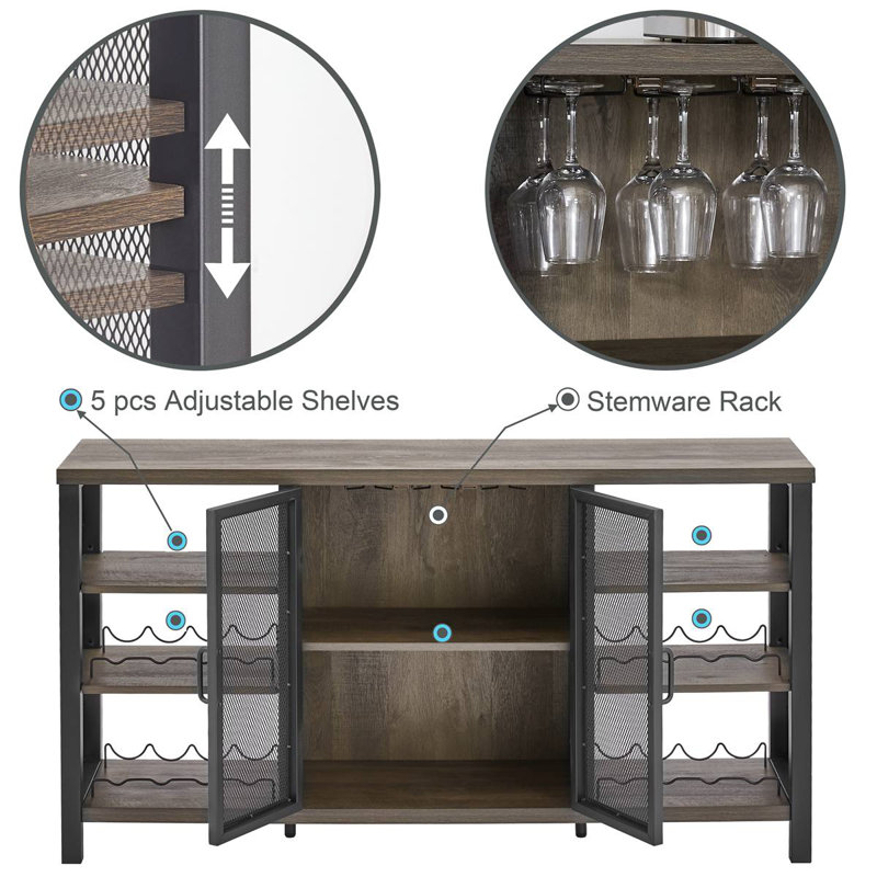 Walnut Brown 55" Industrial Wood and Metal Wine Bar Cabinet