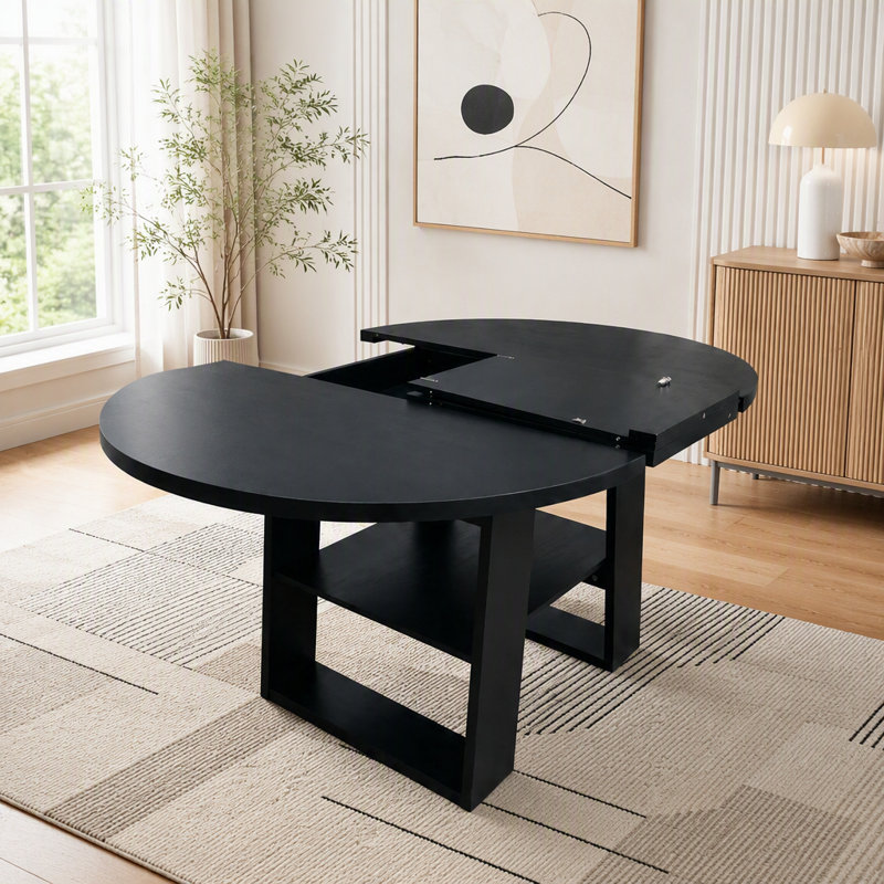 Table de salle à manger extensible ronde avec rallonge intégrée, L 59 po, Black