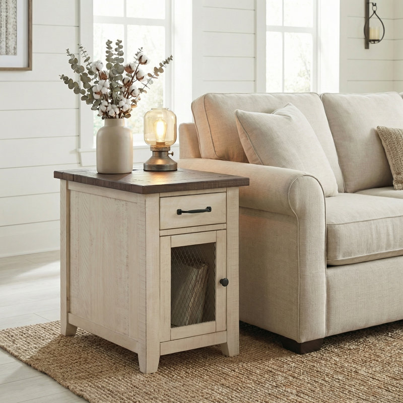 Jakendra Solid Wood End Table with Storage and Built-In Outlets, Brown Top/Cream Base