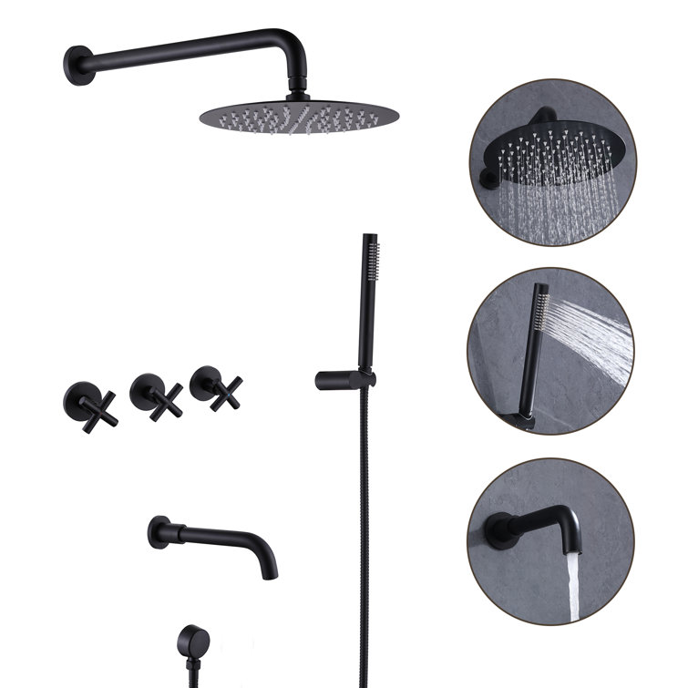 Wall Mount Shower Faucet Set With 360 Degree Rotatable Tub Spout And 3-Cross Handles With Rough-In Valve