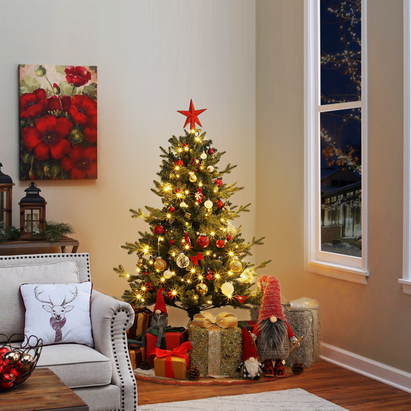4 Ft Pre-Lit Artificial Christmas Tree with 150 Warm White LED Lights, Hinged Small Xmas Tree