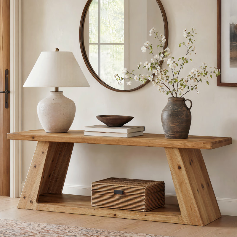 62.99" Solid Wood Console Table, Farmhouse Low Entryway Table With Storage