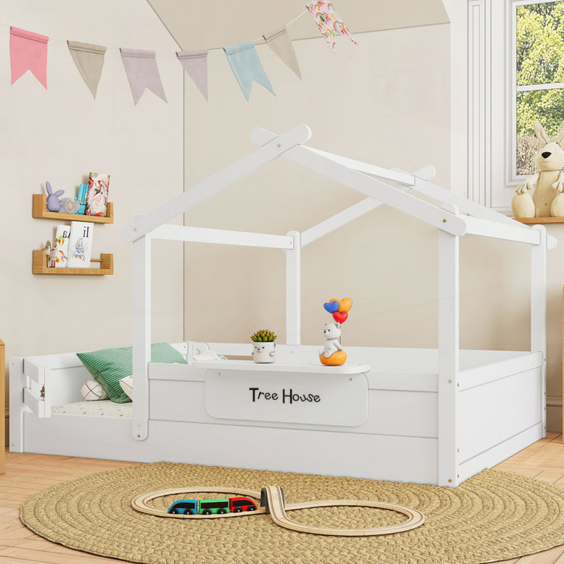 Floor Bed With Guardrails And Roof, White, Full