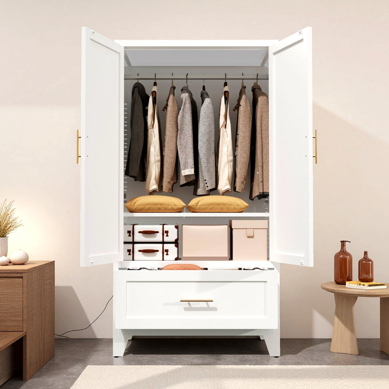 Armoire-penderie haute 60 po en métal avec 1 tiroir, tablette et tringle, finition blanche