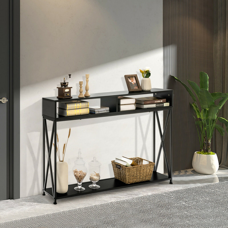 Console Gracie Oaks avec tablette ouverte et compartiments de rangement, structure en acier blanc, Noir