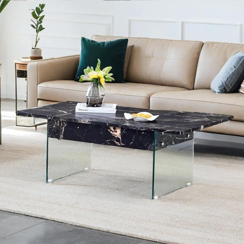 Table basse multifonctionnelle à plateau relevable avec motif en marbre noir, pieds en verre trempé et design moderne pour la maison ou le bureau
