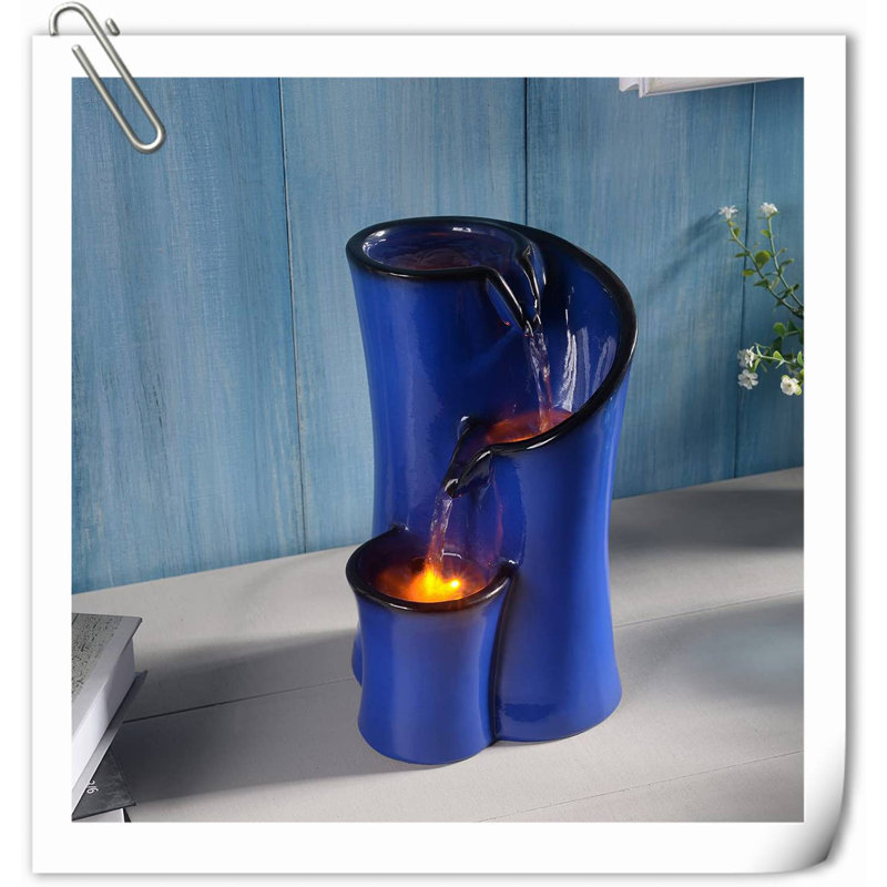 Fontaine d'intérieur en forme de cascade de table avec 3 lumières réfléchissantes de 9,8 pouces (bleu), Bleu