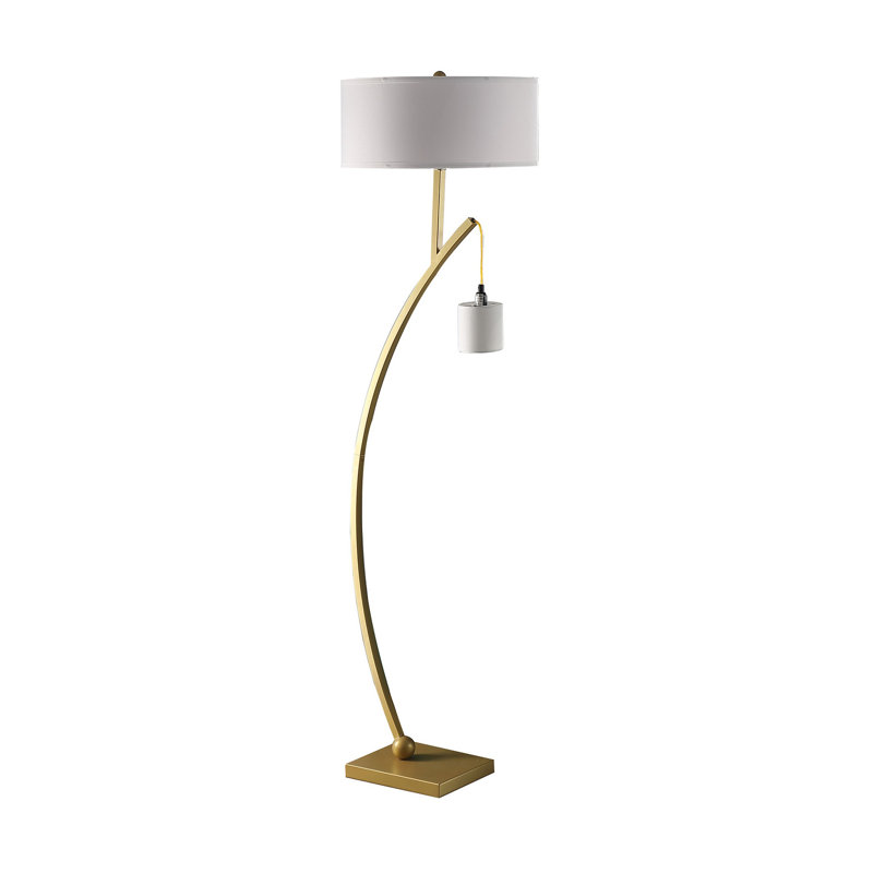 Lampe sur pied à arc 59 po Ginel, conception suspendue, 2 abat-jours cylindriques blancs, noir, Or