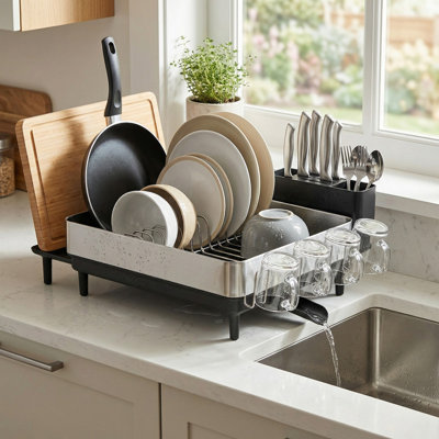 Égouttoir à vaisselle extensible en acier inoxydable pour comptoir de cuisine, grand égouttoir à vaisselle avec bec pivotant à 360 °, organisateur de comptoir robuste pour assiettes, bols, tasses, verres, planches à découper et pots