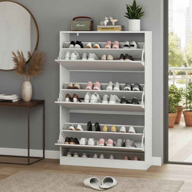 White Freestanding Shoe Cabinet With 3 Flip-Top Drawers For Concealed Storage, Suitable For Entryways And Hallways., White