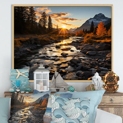 " Lakehouse Charm Mountain Creek With Rocks Sunset "