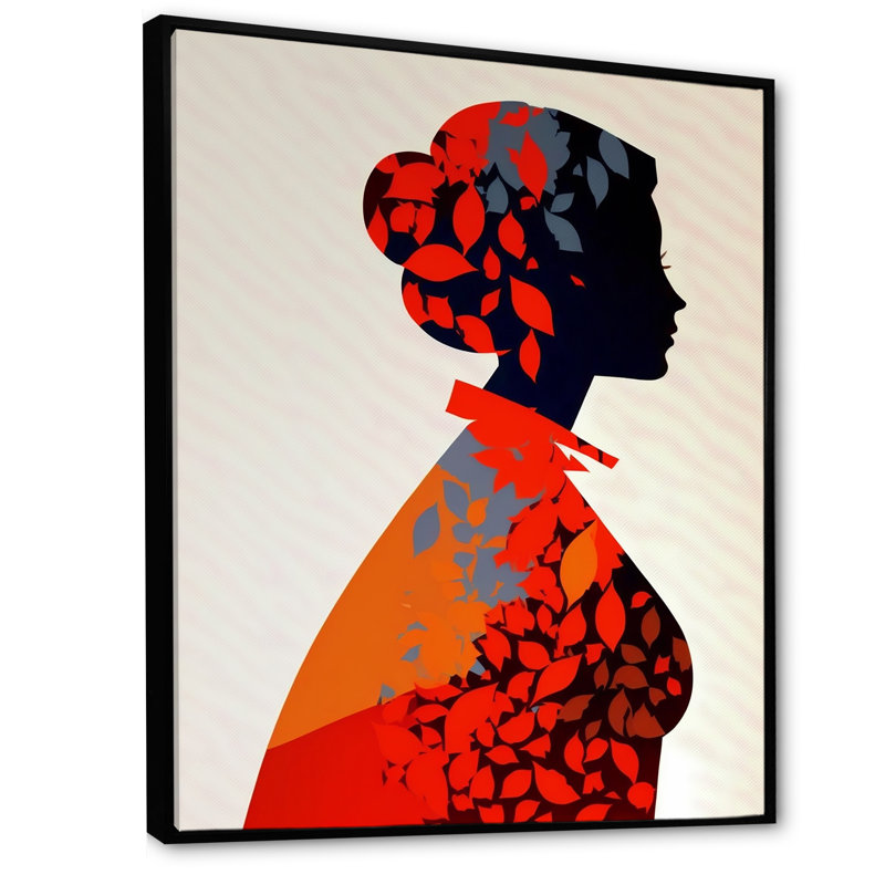 Silhouette rouge de Ludella avec des feuilles d'automne sur toile, H 20 po x l 12 po x P 1 po, Cadre flottant noir
